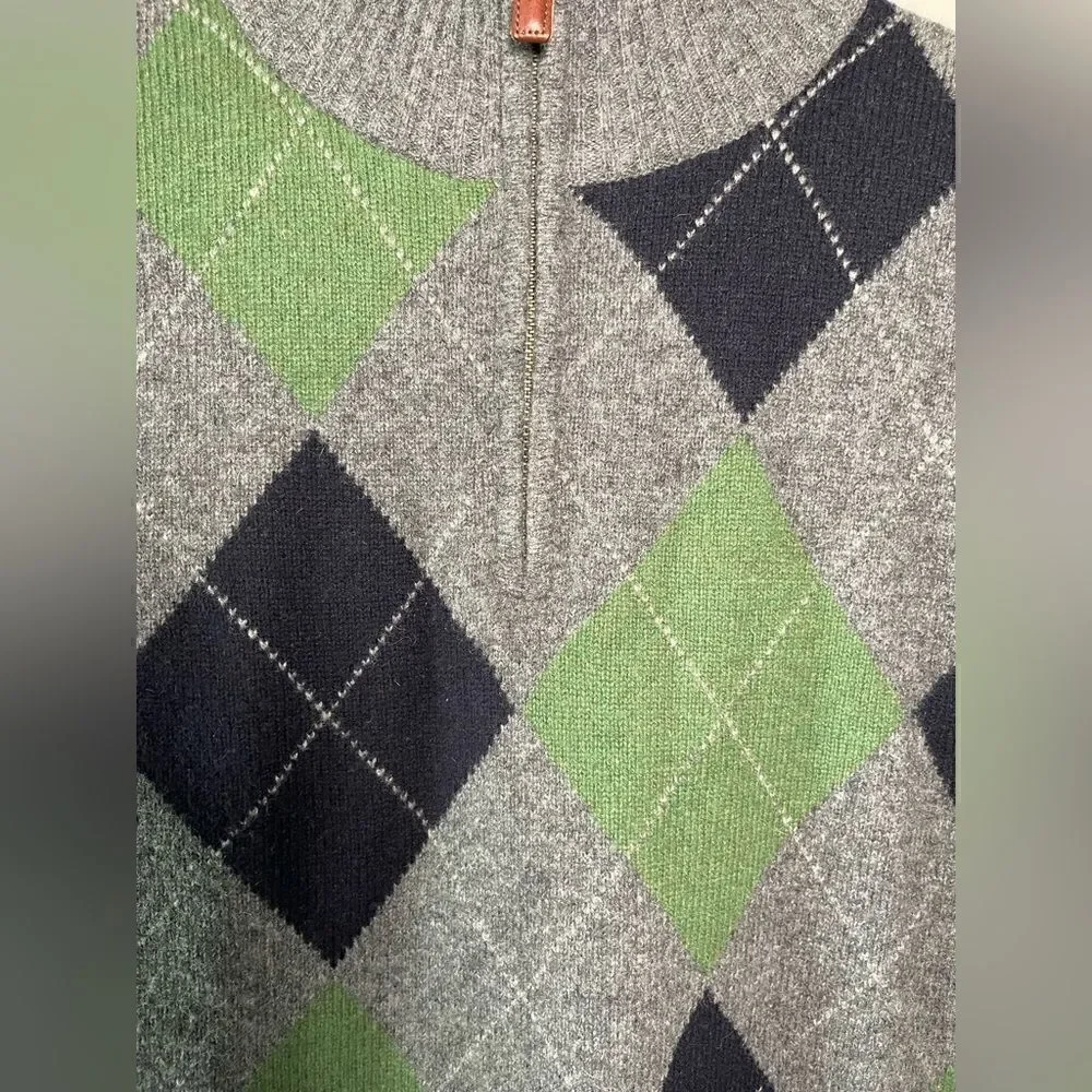 J. Crew 100% Premium Lambswool Argyle Gray Zip Pullover Sweater Size Medium